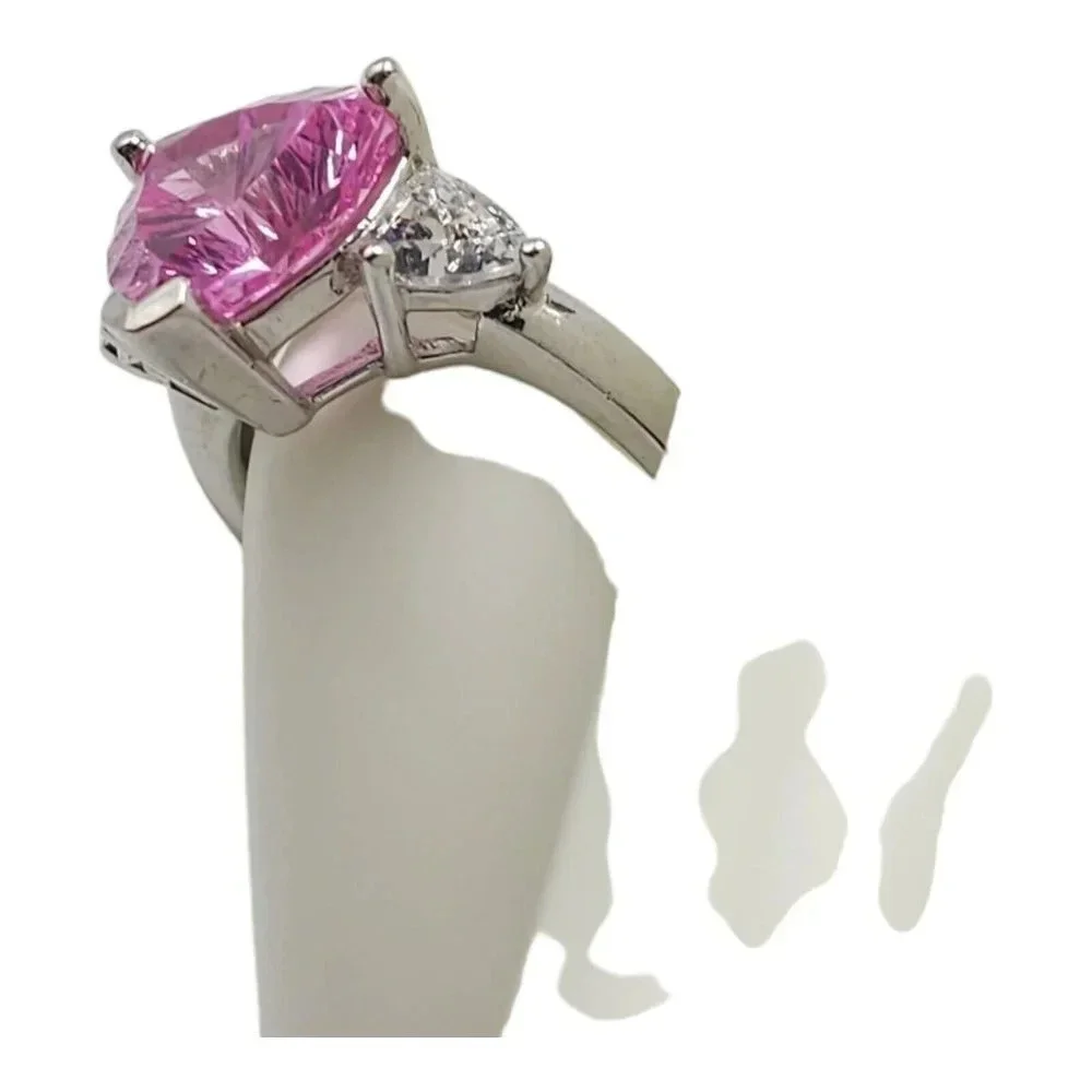 Sterling Silver .925 Lab Pink Sapphire CZ Triangle Cocktail Ring Size 6
